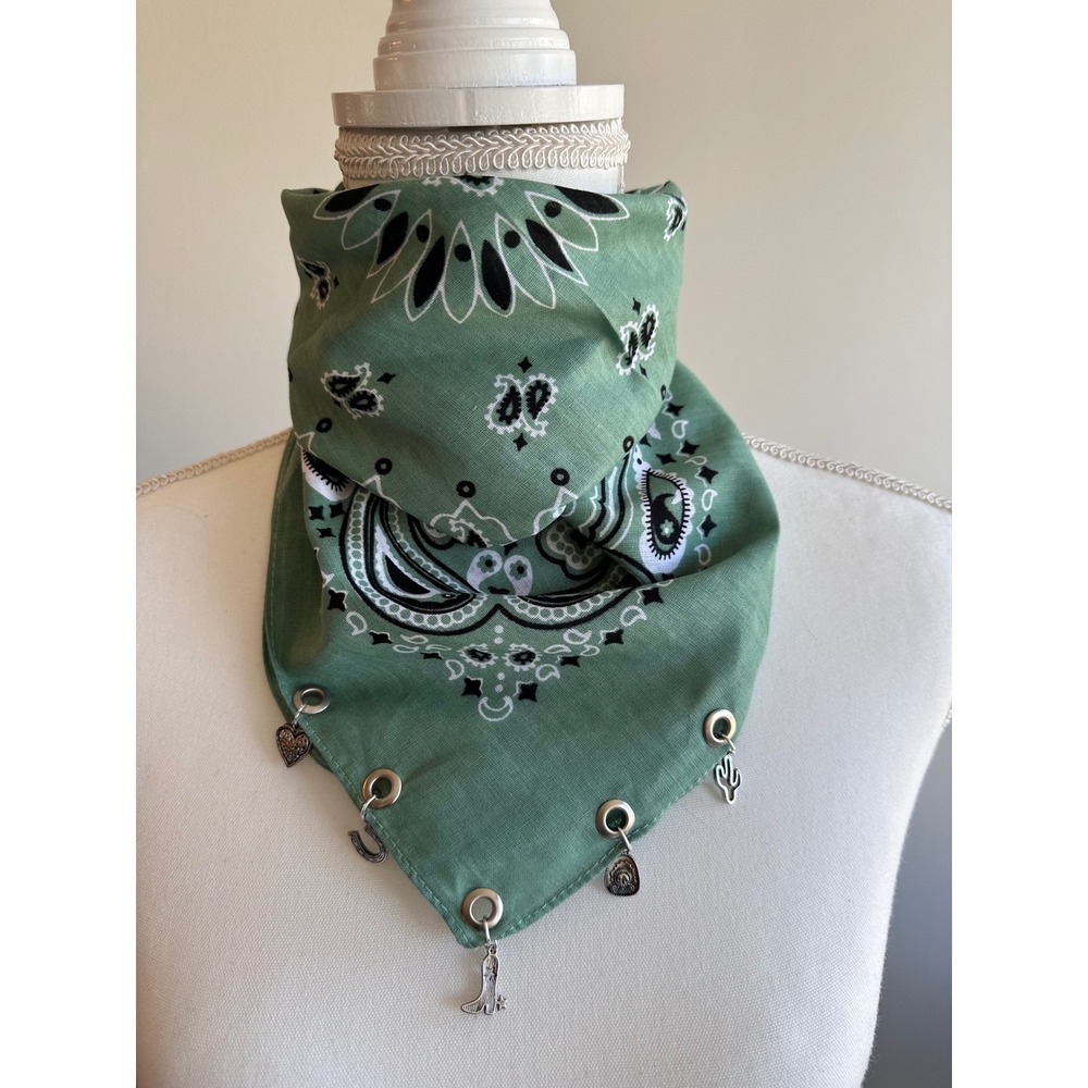 Sage Green Paisley Bandana with Western Charms Cowboy Boot Cactus Scarf